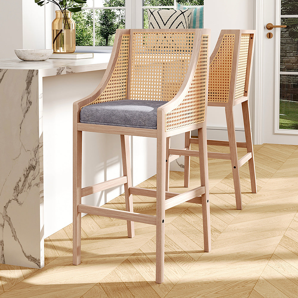 2Pcs Natural Rattan Bar Stools Kitchen Stools with Backrest,Grey