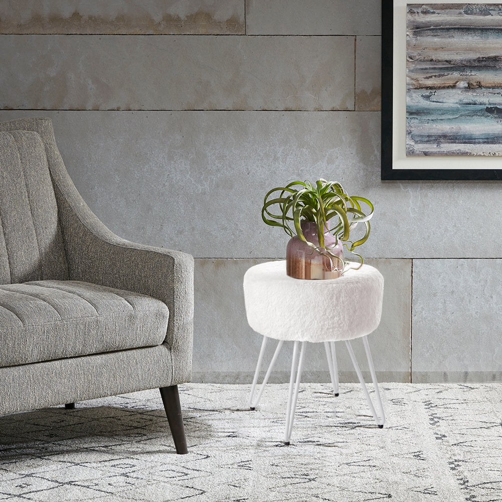 35CM Round Fluffy Velvet Dressing Table Stool Wire Legs White