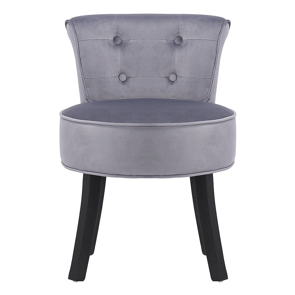 Velvet Buttoned Vanity Stool Black Wooden Legs, Light Grey