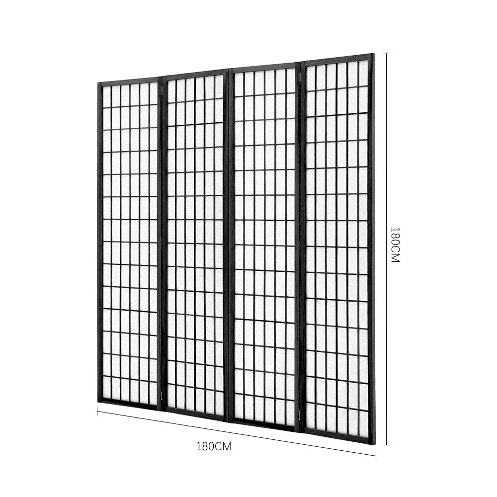 Black 4 Panel Solid Wood Folding Room Divider Privacy Screen