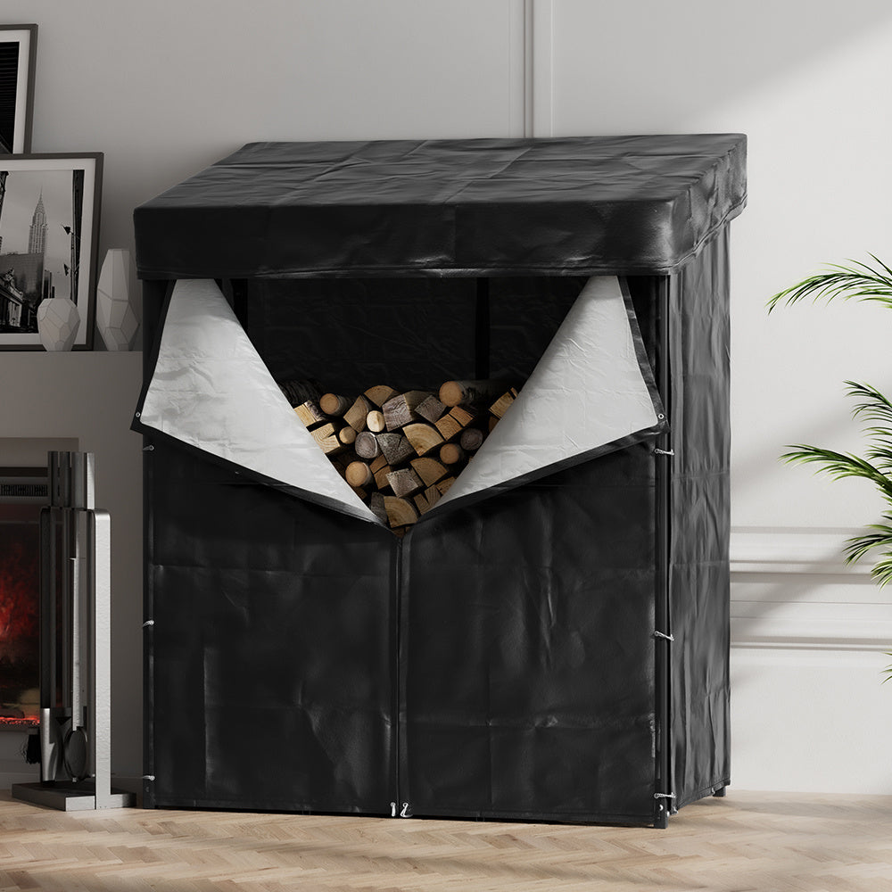 Grey 185cm Garden Metal Tube Firewood Rack with Roof