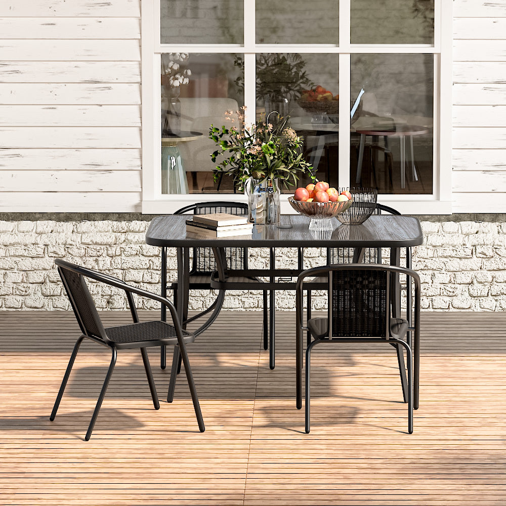 Rectangular Garden Tempered Glass Wood Grain Coffee Table with Four chairs