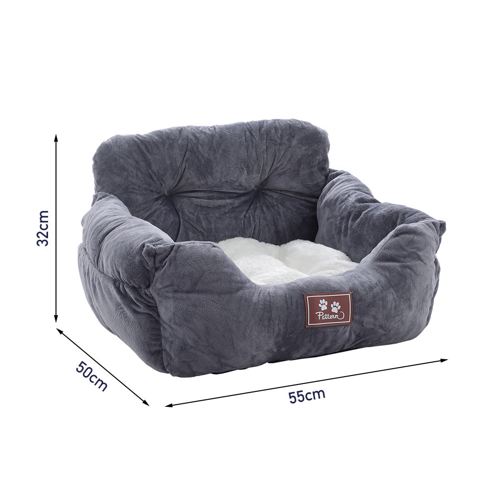 Cozy Dog Car Seat Bed with Storage Pocket and Adjustable Strap Grey