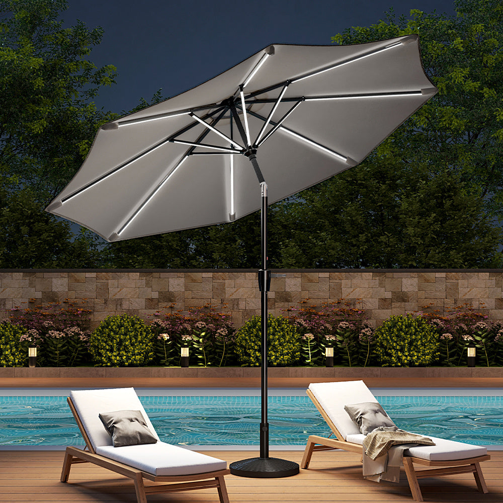 3M Light Grey Large Garden LED Parasol Outdoor Beach Umbrella with Light Sun Shade Crank Tilt with 14KG Round Base
