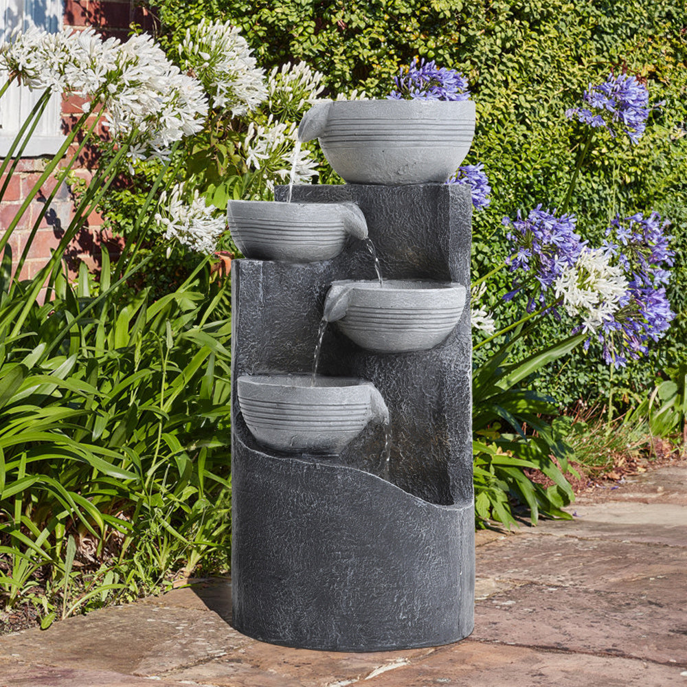 4 Tier Bowl Outdoor Solar Powered Water Fountain Rockery Decor with LED Light
