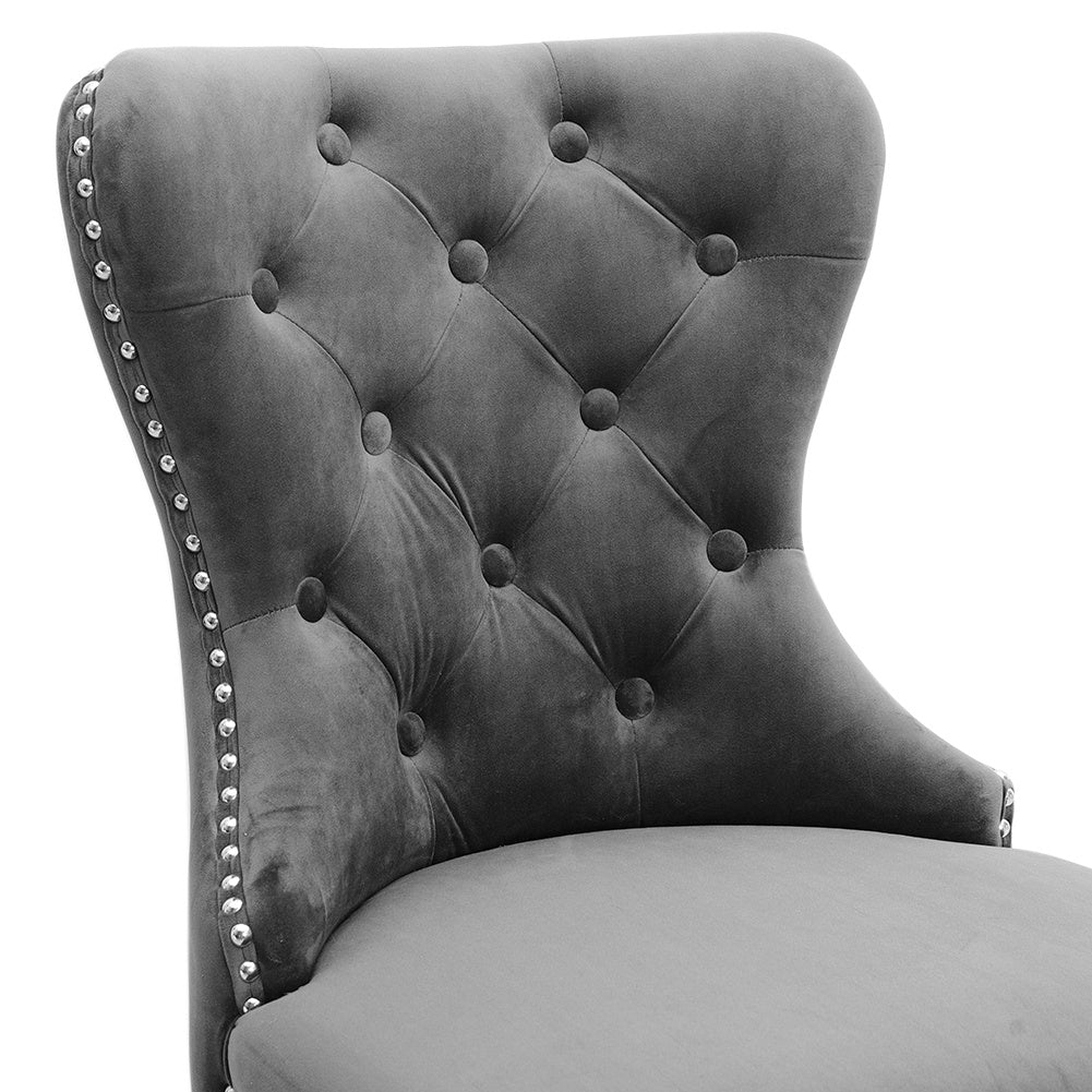 Vintage Velvet Buttoned Studded Dining Chair, Dark Grey