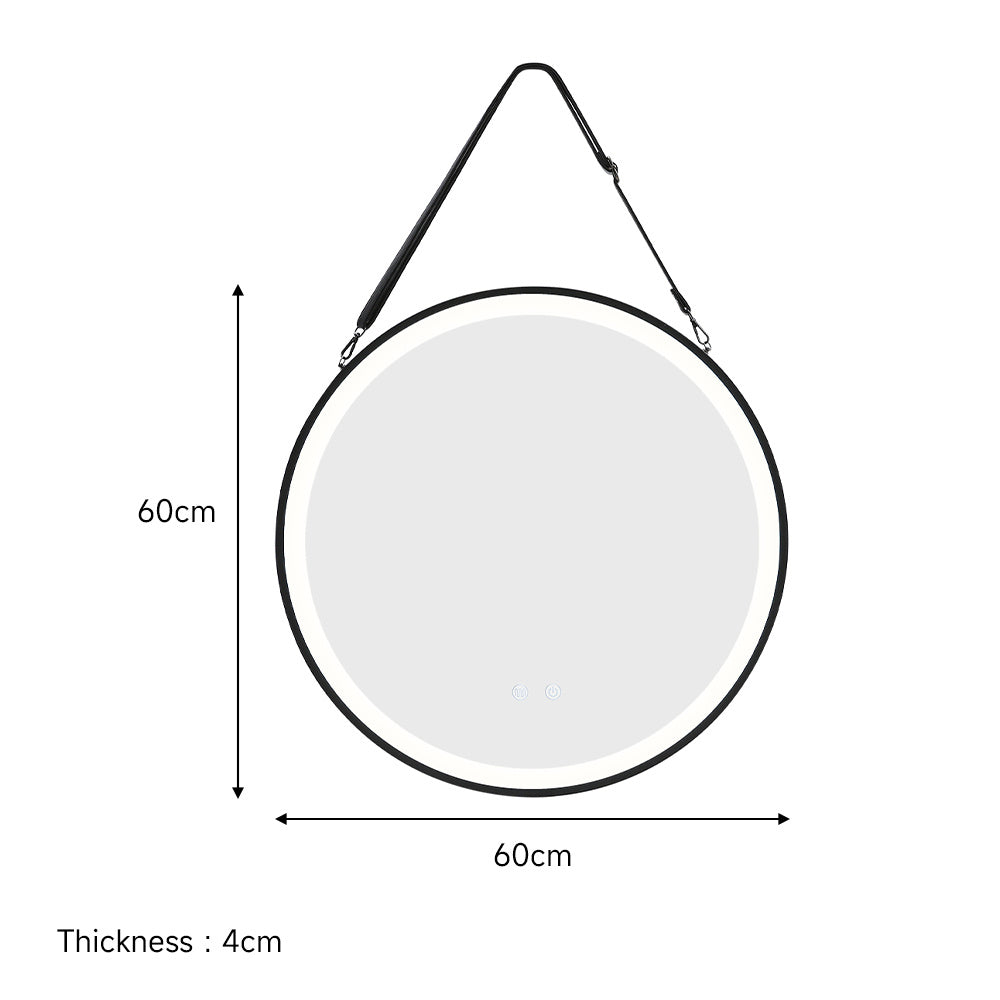 Black 60cm Round Metal LED Mirror with Hanging Strap