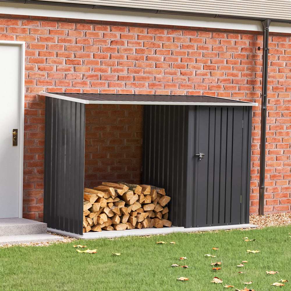 Steel Outdoor Garden Storage Shed with Log Stacking Rack Charcoal Black