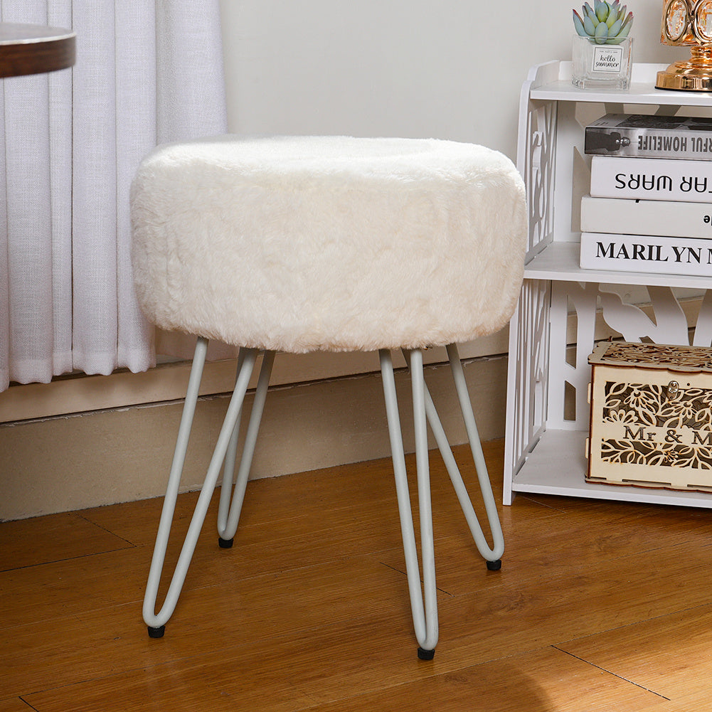 35CM Round Fluffy Velvet Dressing Table Stool Wire Legs White