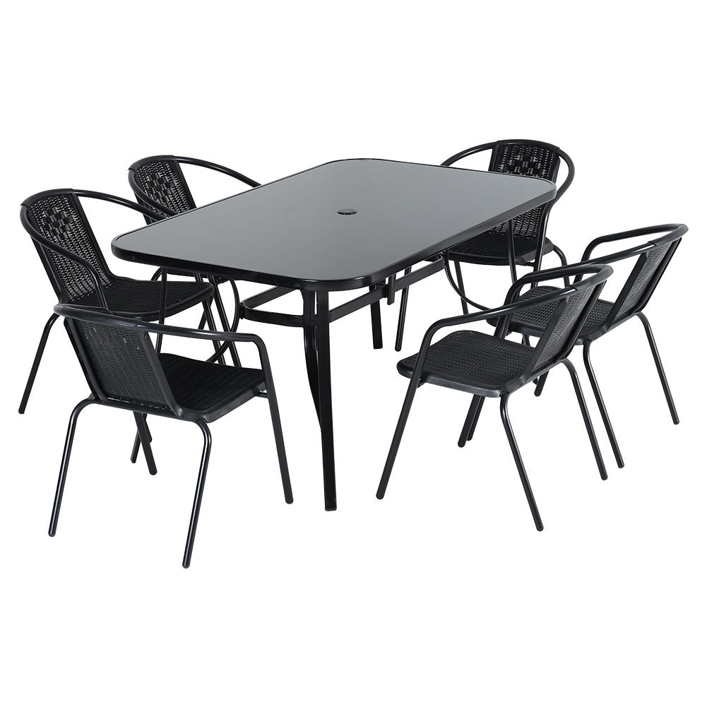 Set of 7 Garden 150CM Rectangle Glass Umbrella Table and Stackable Chairs Set