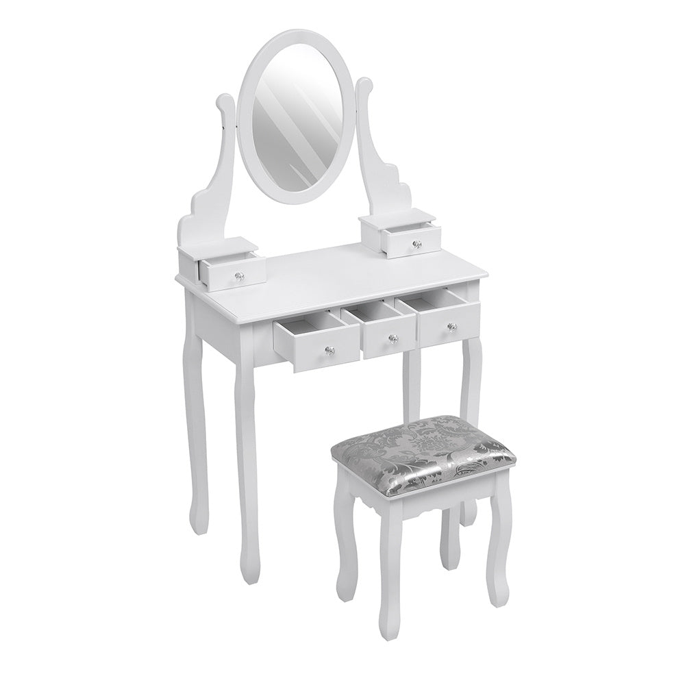 White Makeup Vanity Table with Adjustable Mirror Stool and 5 Drawers
