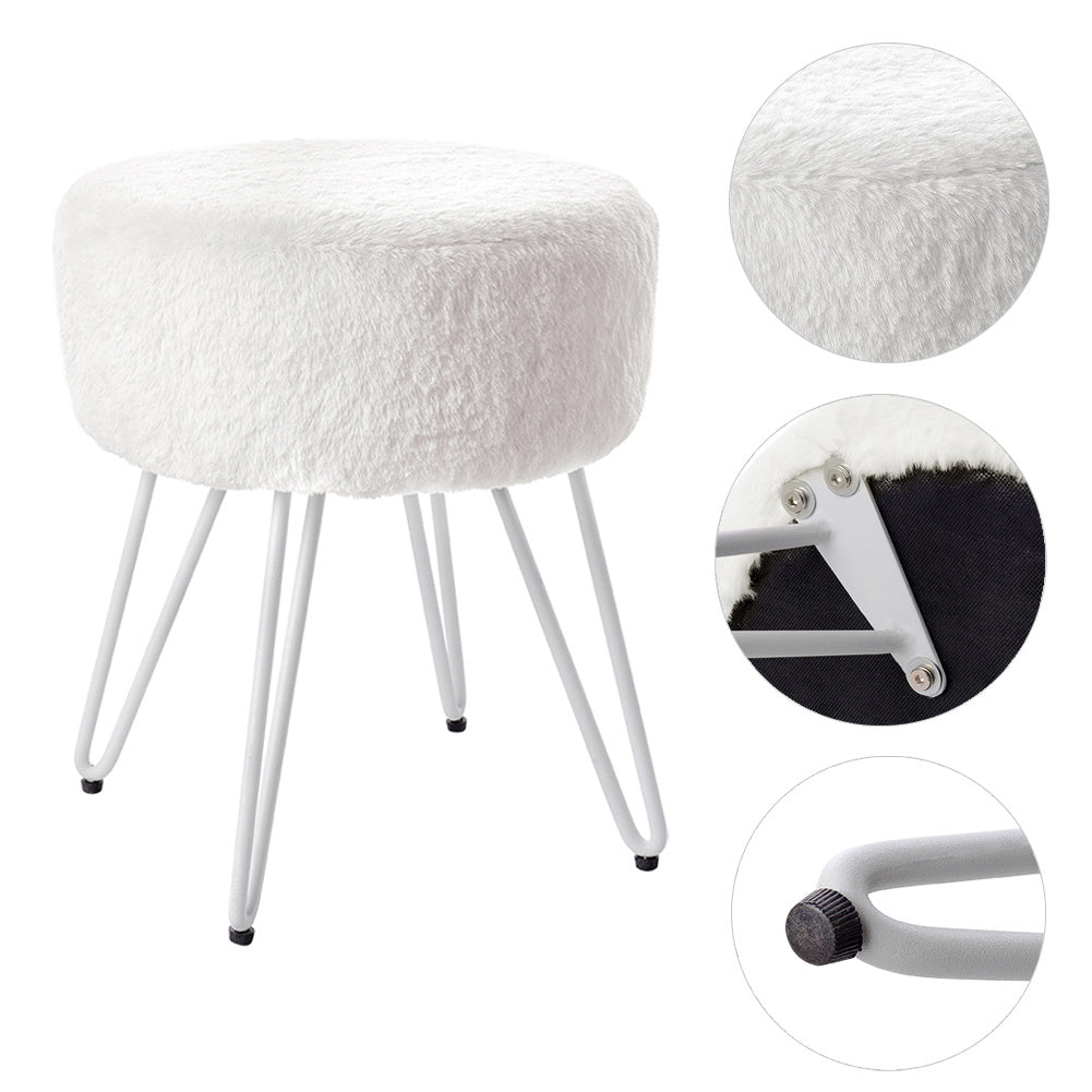 35CM Round Fluffy Velvet Dressing Table Stool Wire Legs White