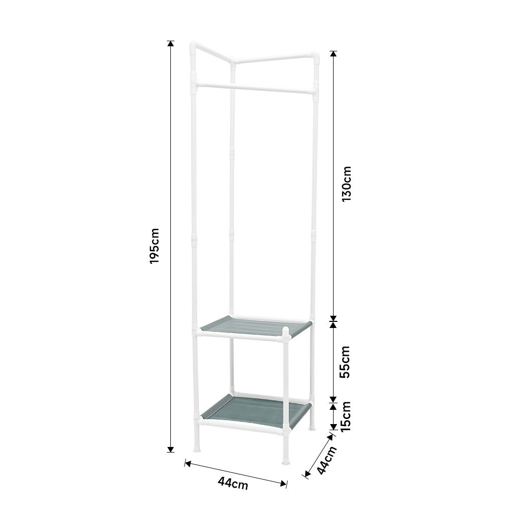 White Corner Clothing Rack with 2 Tier Shelves