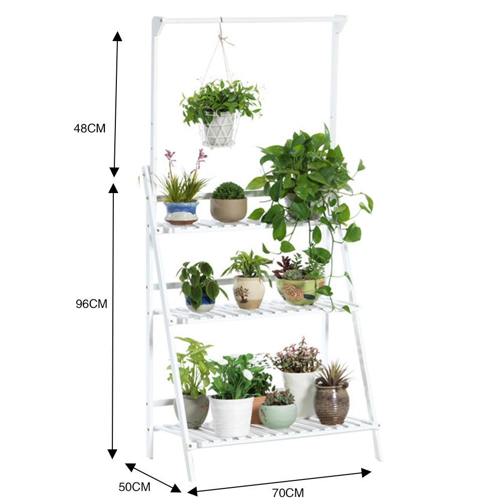 3 Tier Ladder Foldable Plant Stand with Hanging Bar, White