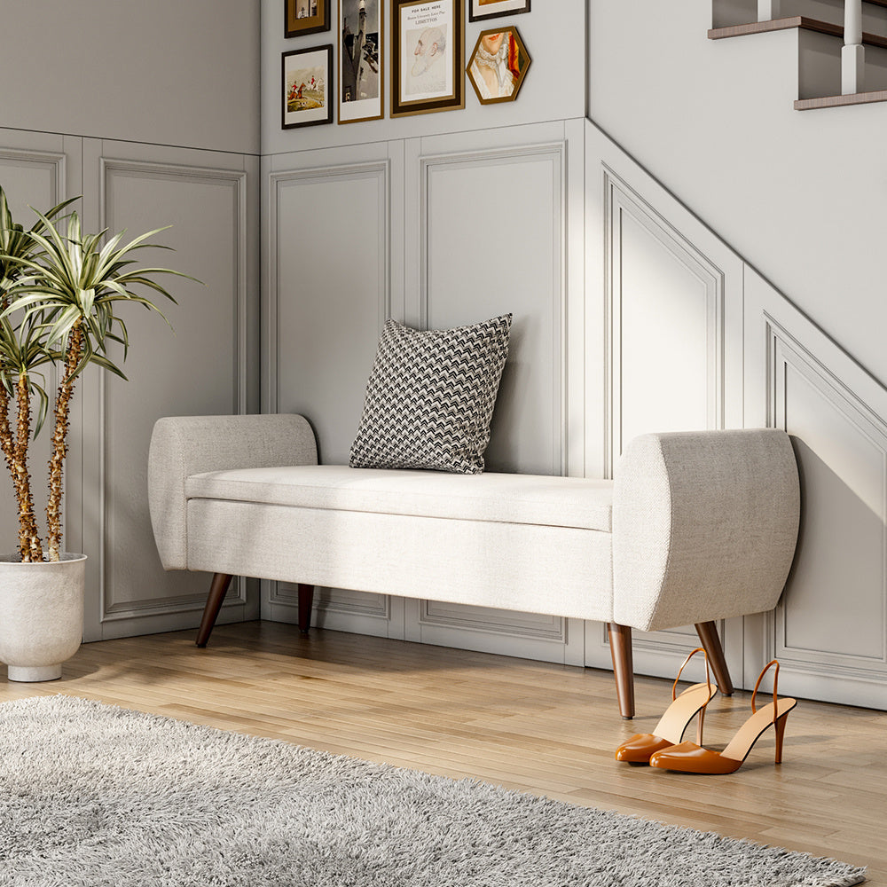 Beige Linen Upholstered Storage Bench with Hidden Storage