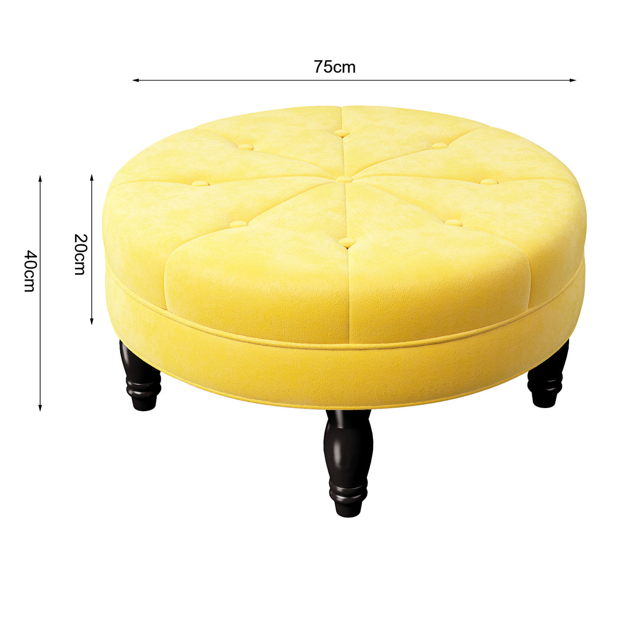 Velvet Round Buttoned Footstool Wood Legs, Yellow