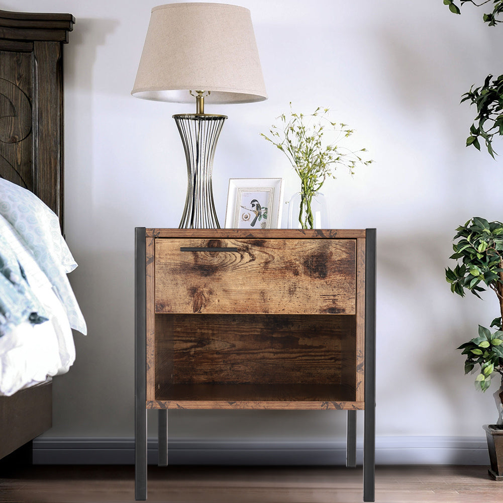 Industrial Bedside Table with Drawer and Open Storage Shelf