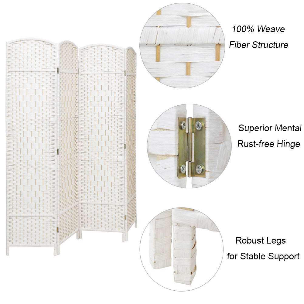 White Solid Weave Wicker Wood Room Divider 4 Panel