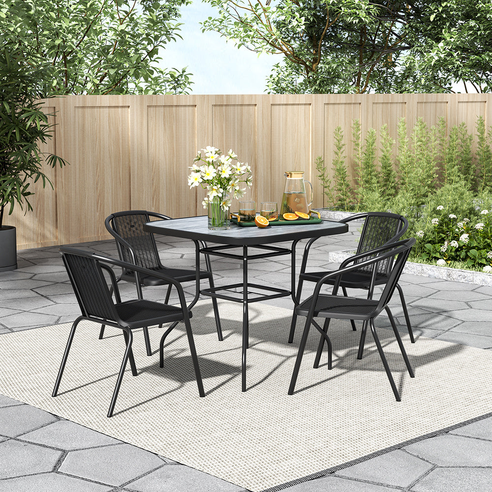 Square Garden Tempered Glass Wood Grain Coffee Table with Four chairs