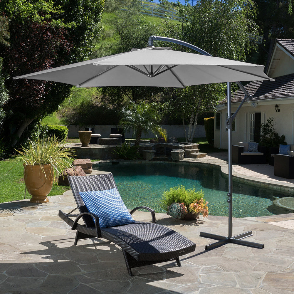 Garden 3M Light Grey Banana Parasol Cantilever Hanging Sun Shade Umbrella Shelter with Cross Base