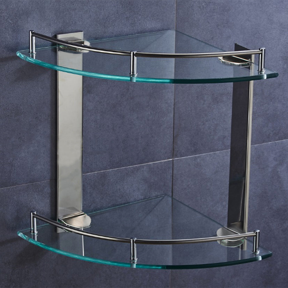 2 Tier Glass Corner Floating Storage Shelf Bathroom Shower Organizer