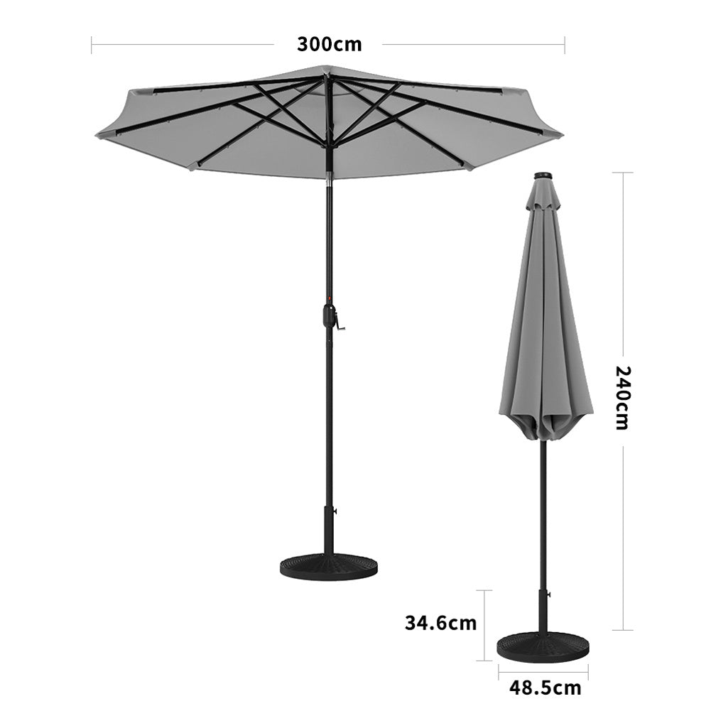 3M Large Garden LED Parasol Outdoor Beach Umbrella with Light Sun Shade Crank Tilt with 14KG Round Base, Light Grey