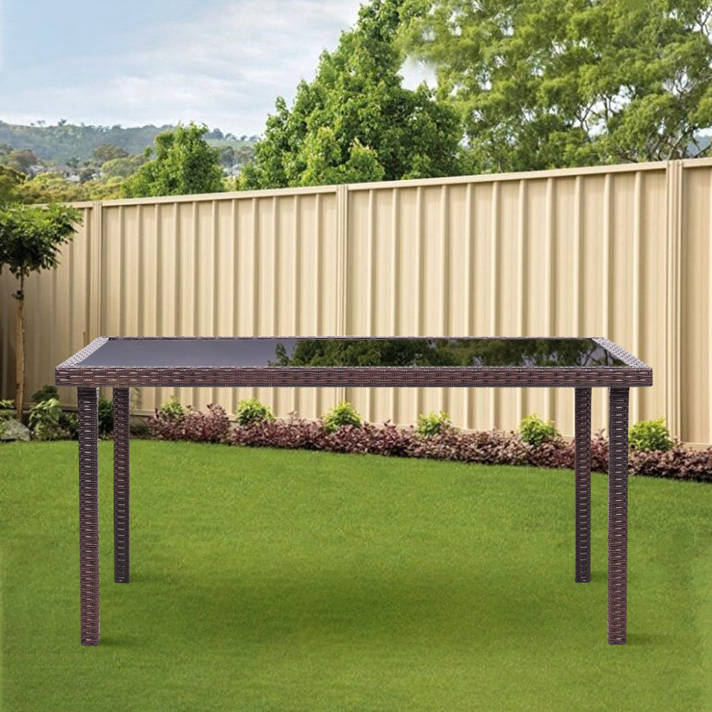 150CM Patio Garden Rectangle Rattan Frame Glass Top Table Brown
