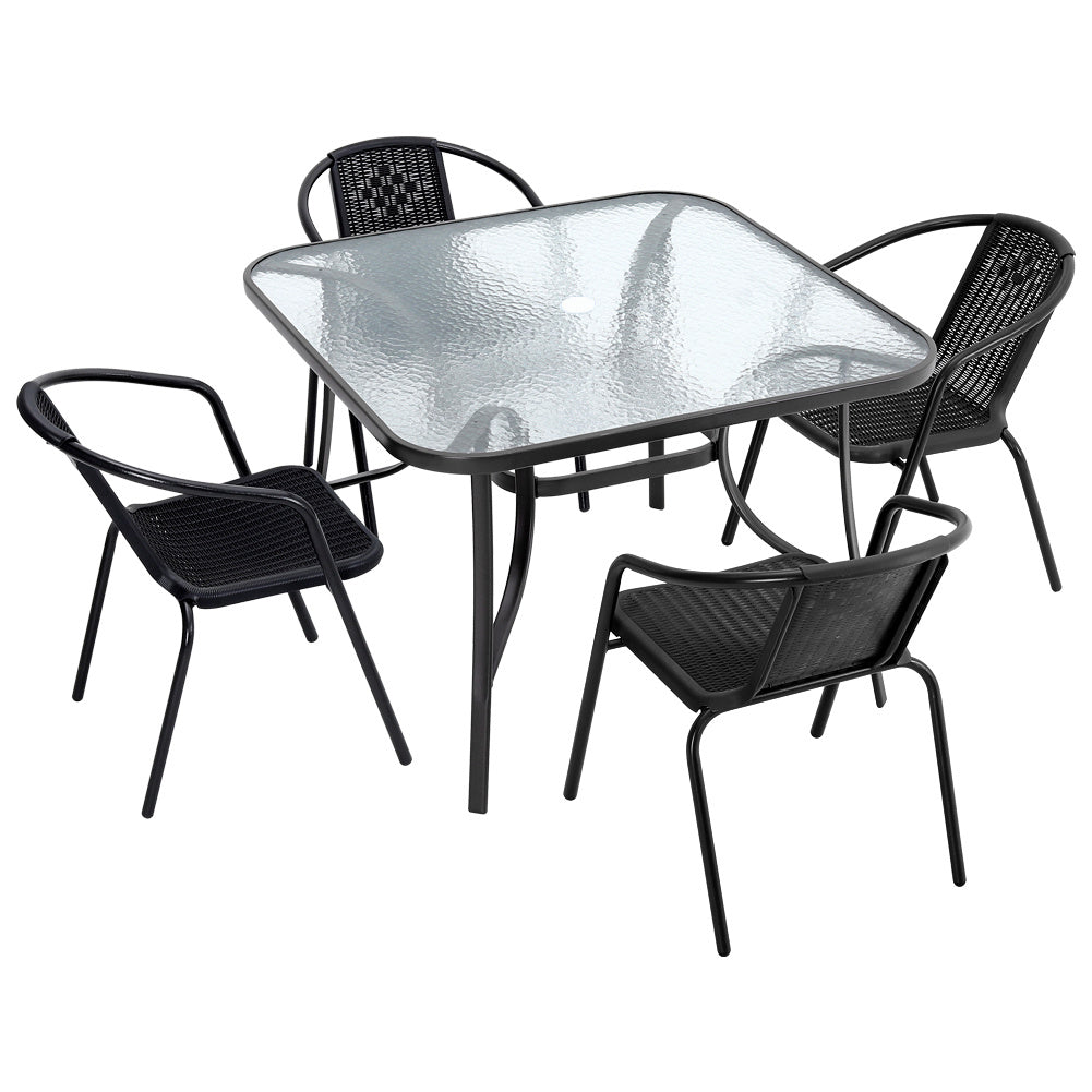 Garden Ripple Glass Square Table And Stackable Chair Set With Umbrella Hole, Black Table + 4 Chairs