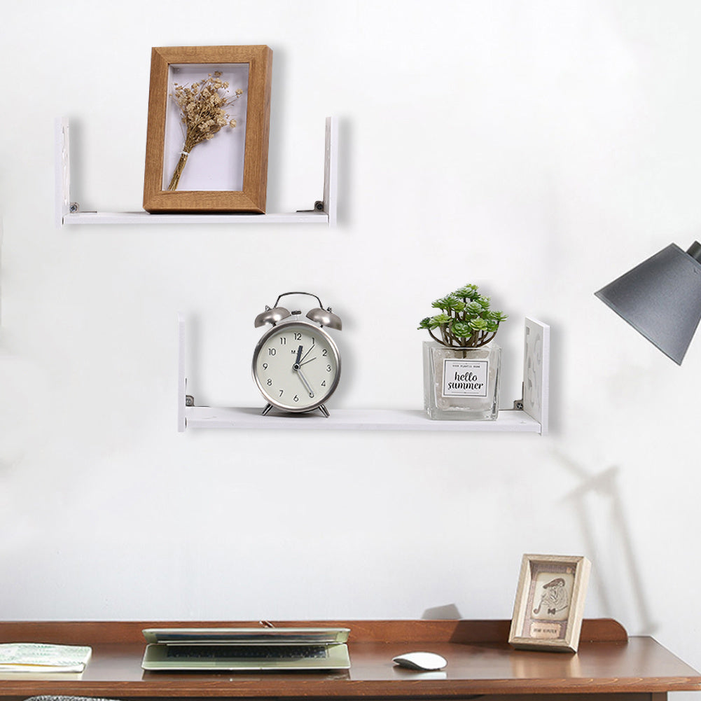 Set of 2 White U Shaped Floating Wall Shelves Carved Display Set