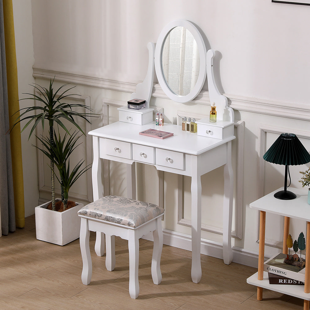 White Makeup Vanity Table with Adjustable Mirror Stool and 5 Drawers