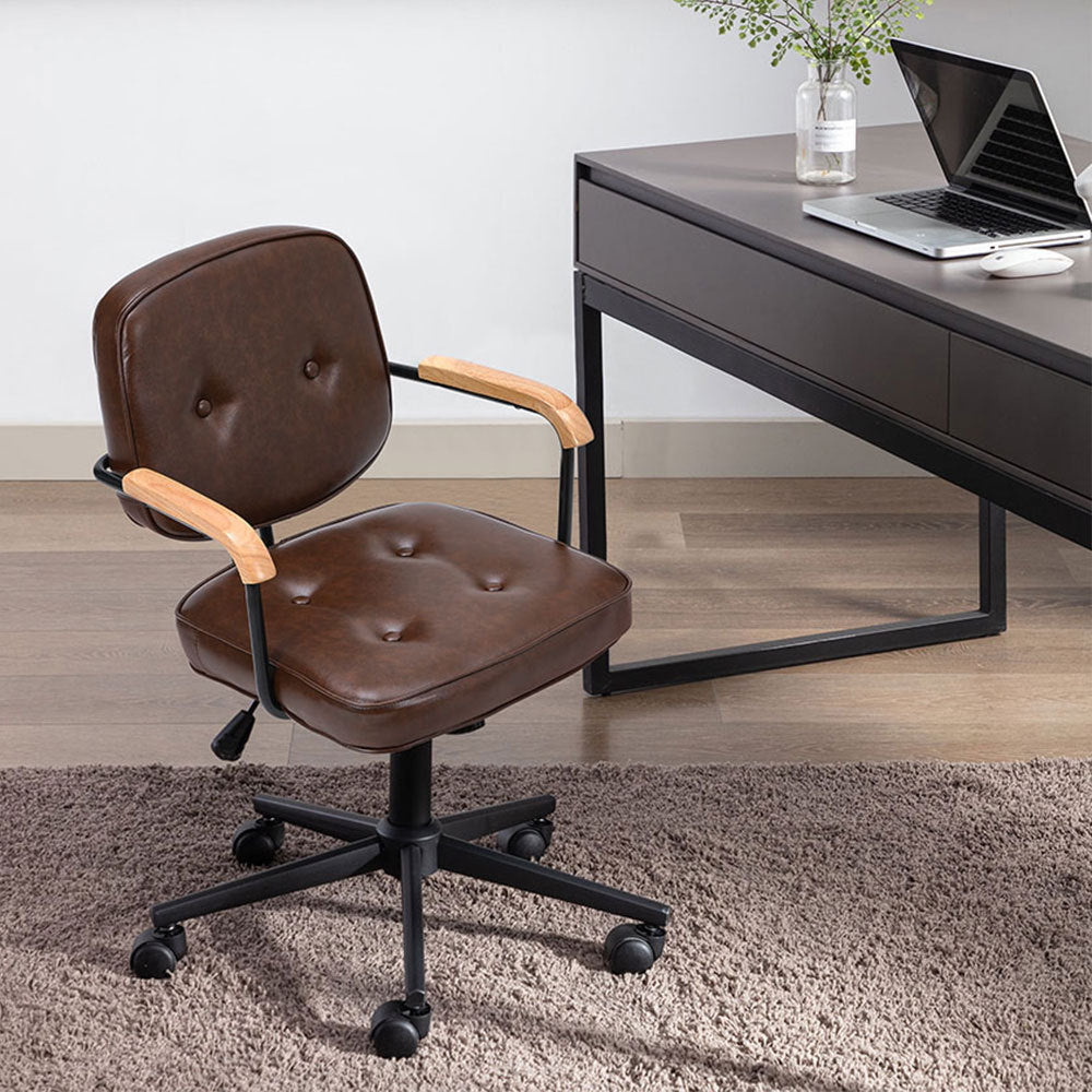 Brown Leather Office Chair with Wood Armrests