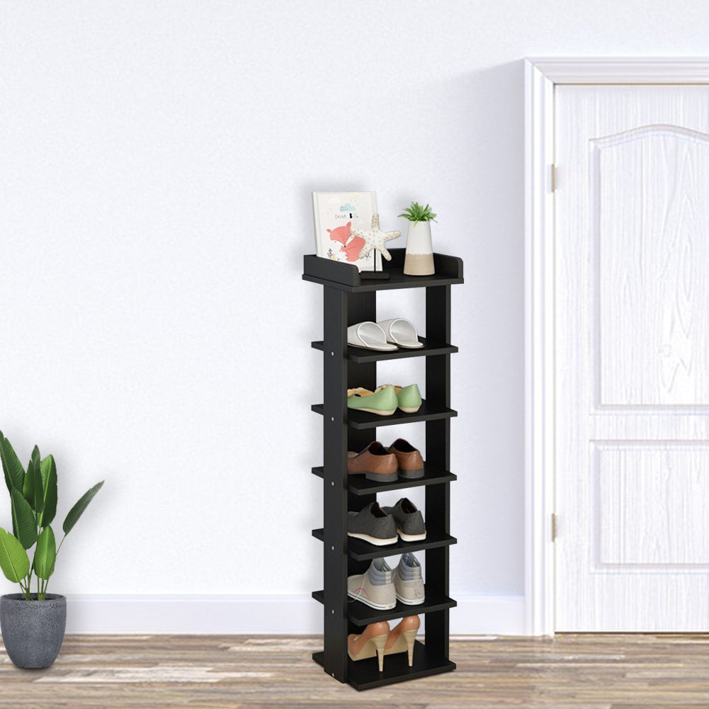7 Tier Black Wood Shoe Rack Storage Shelf