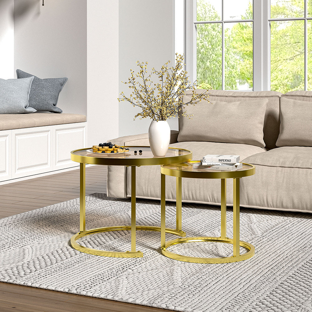 Set of 2 Gold Glass Round Nesting Coffee Table