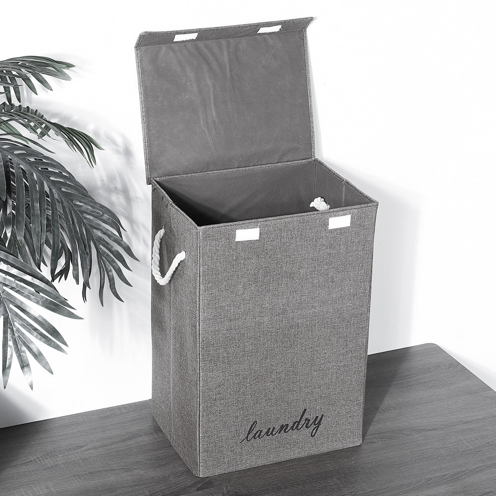 Grey Lidded Foldable Laundry Hamper Linen Fabric with Handles