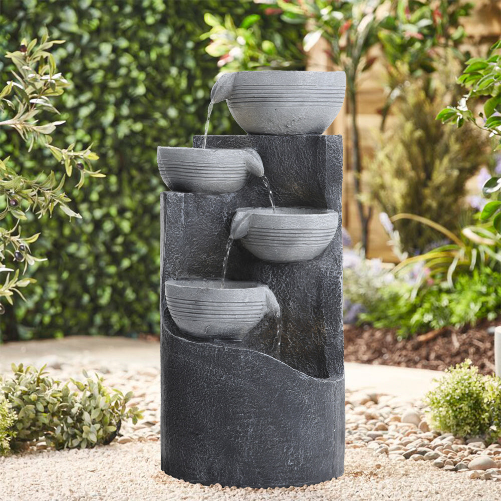 4 Tier Bowl Outdoor Solar Powered Water Fountain Rockery Decor with LED Light