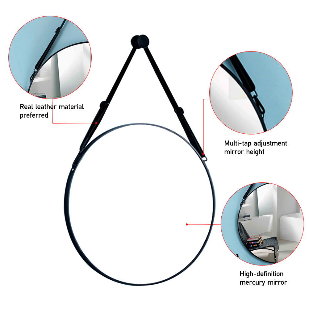 Modern Round Hanging Mirror with Adjustable Leather Strap, Black 60CM