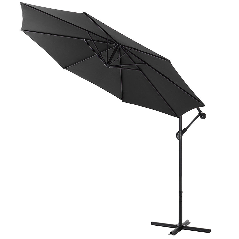 Garden 3M Black Banana Parasol Cantilever Hanging Sun Shade Umbrella Shelter with Cross Base