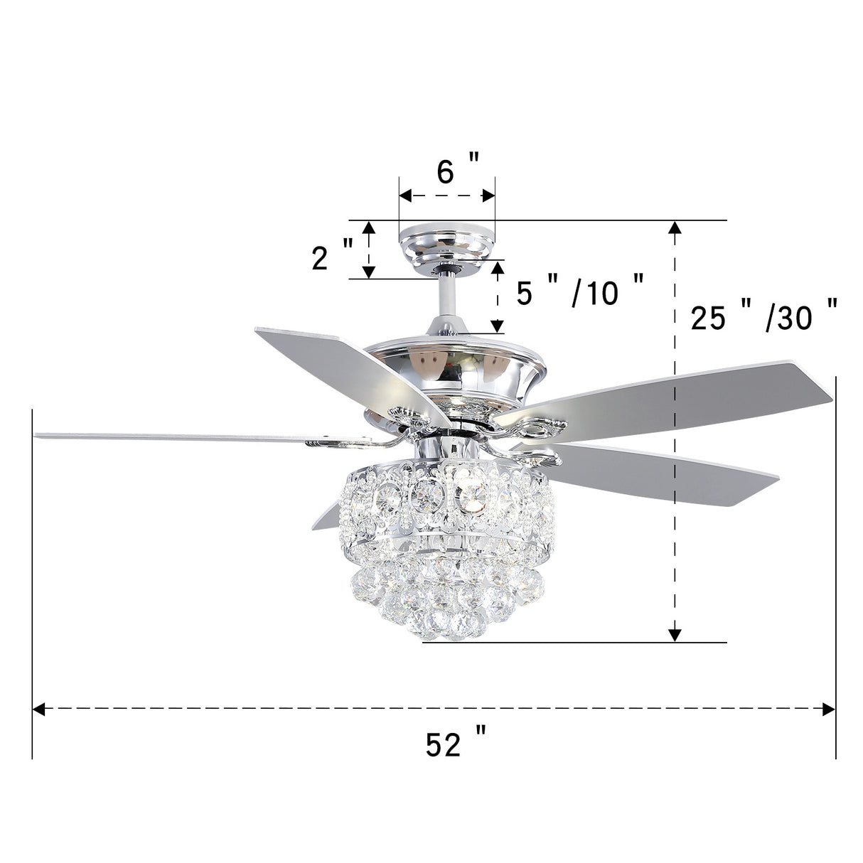 52 Inch Chandelier Ceiling Fan Light with 5 Blades and Remote Control, Chrome