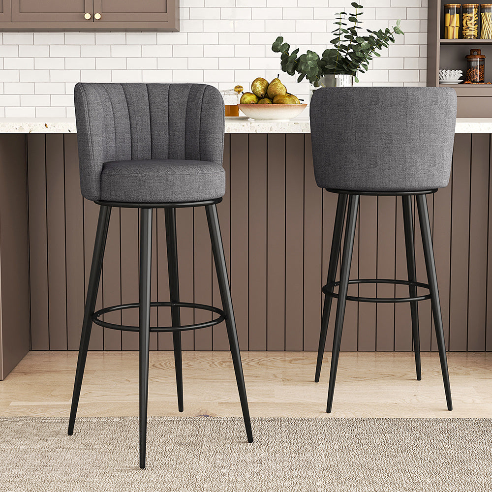2 Pcs Grey Premium Linen Upholstered Bar Stools for Pub Dining Room
