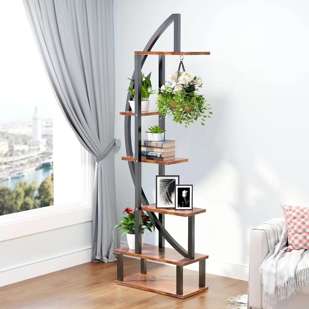 2 Pcs Brown Crescent Wood Tiered Plant Stand
