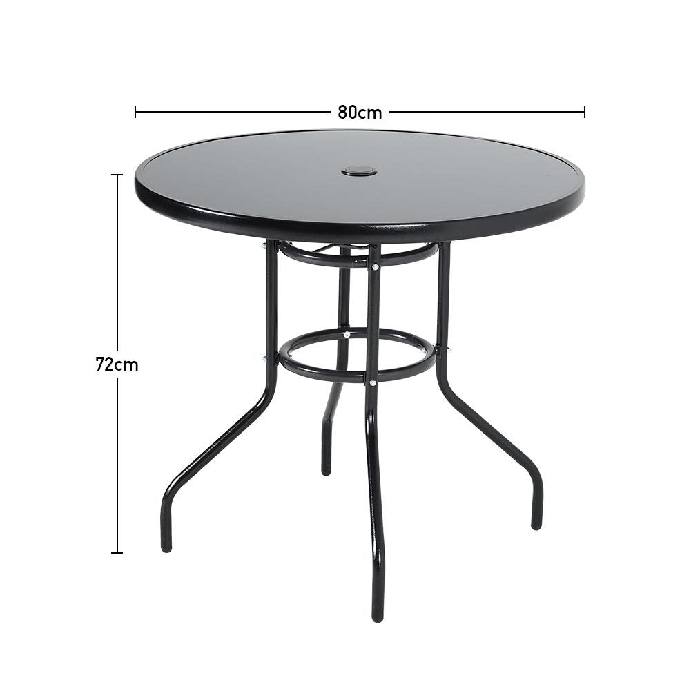 80CM Garden Glass Top Table With Umbrella Hole Round