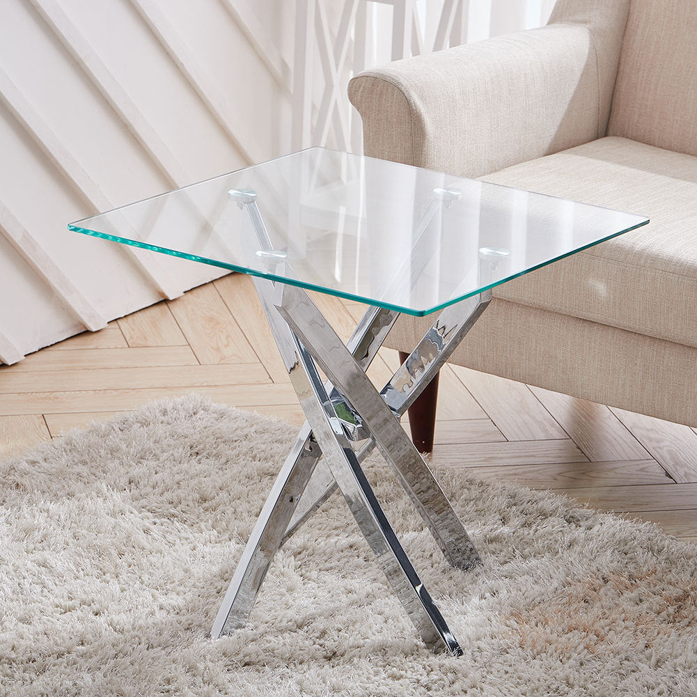 Square Tempered Glass Top Side Table with Chrome Legs