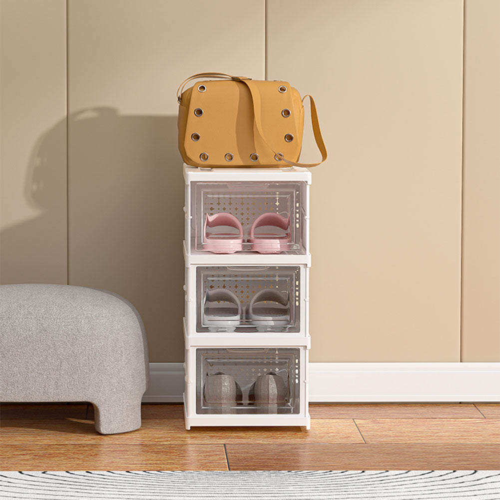 White 3 Tier Foldable Shoe Storage Box Unit