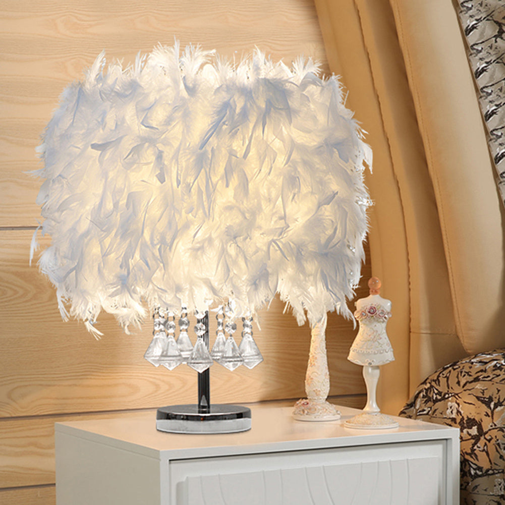 Crystal Table Lamp Feather decoration for Bedroom, White