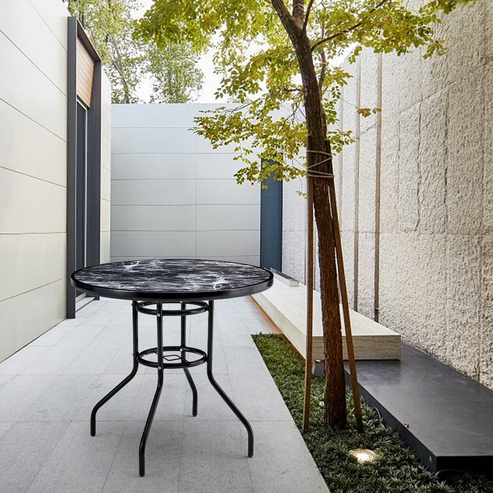 Black Round Garden Tempered Glass Marble Coffee Table