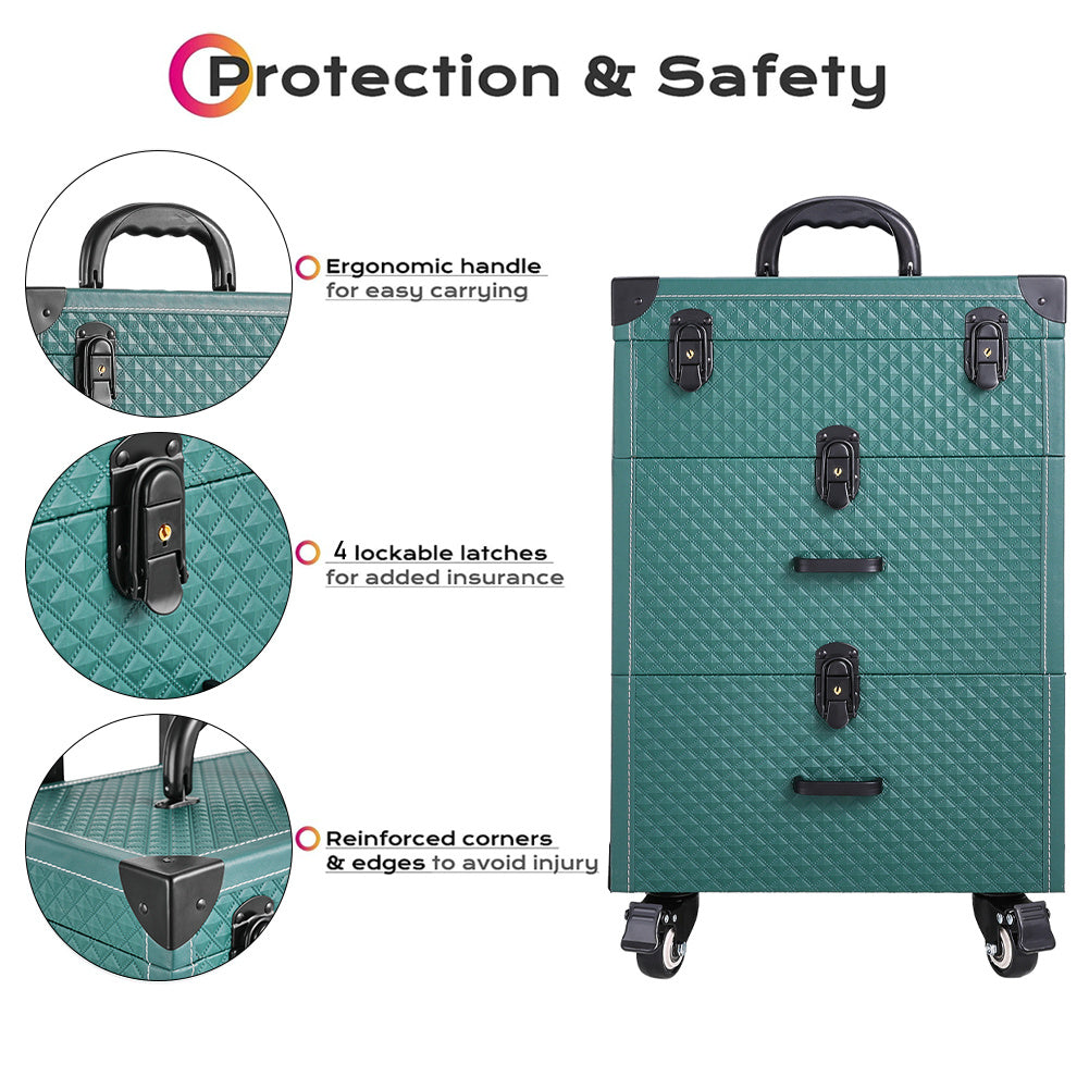 3in1 Cosmetic Trolley Case Beauty case Rolling Makeup Case on Wheels,Green