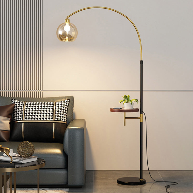 Modern Adjustable Arc Floor Lamp with Wood Tray