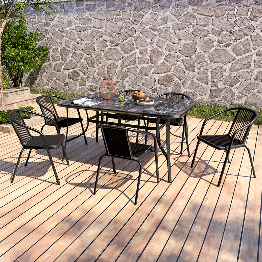 Black Rectangular 150cm Garden Tempered Glass Marble Coffee Table with Six chairs