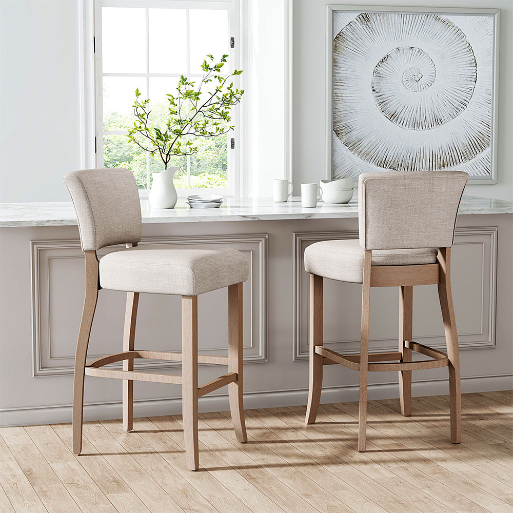 Set of 2 Height Linen Bar Stool for Kitchen, Beige