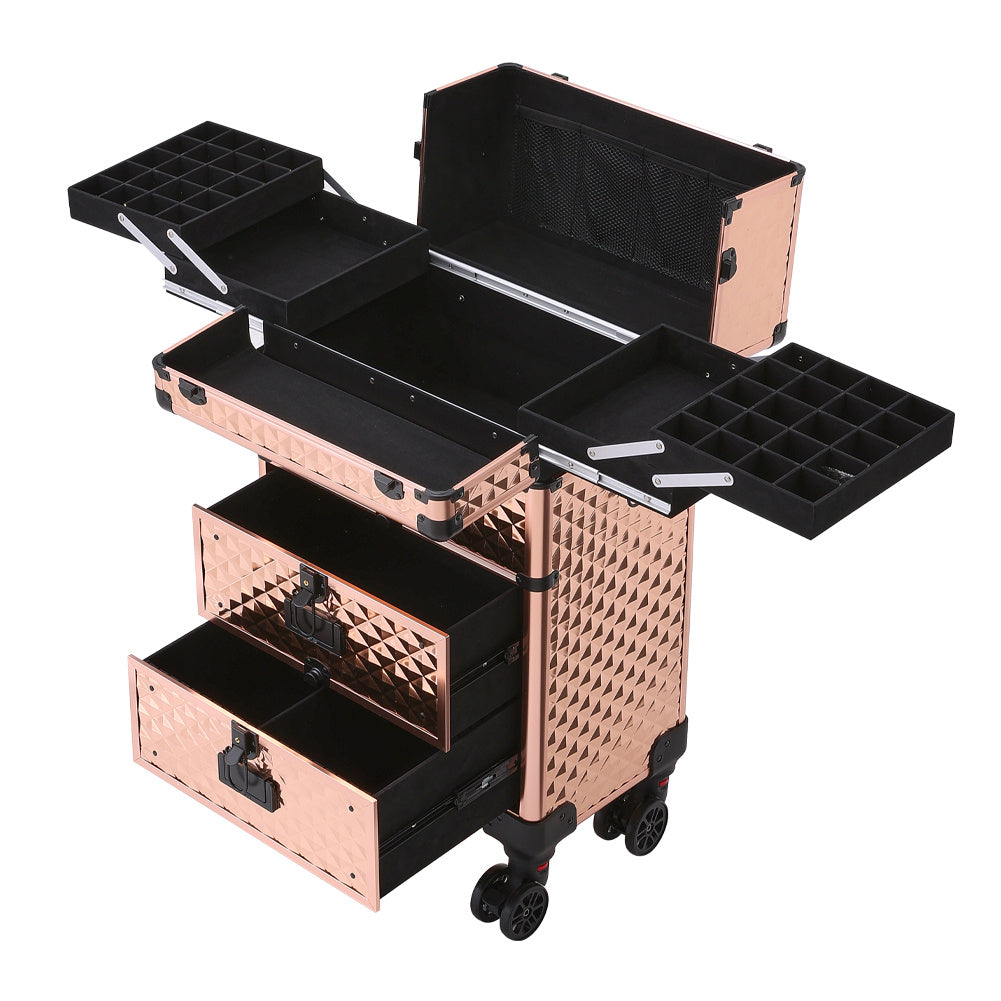 Aluminum 3 in 1 Cosmetic Trolley Case Beauty case on Wheels,Rose Gold